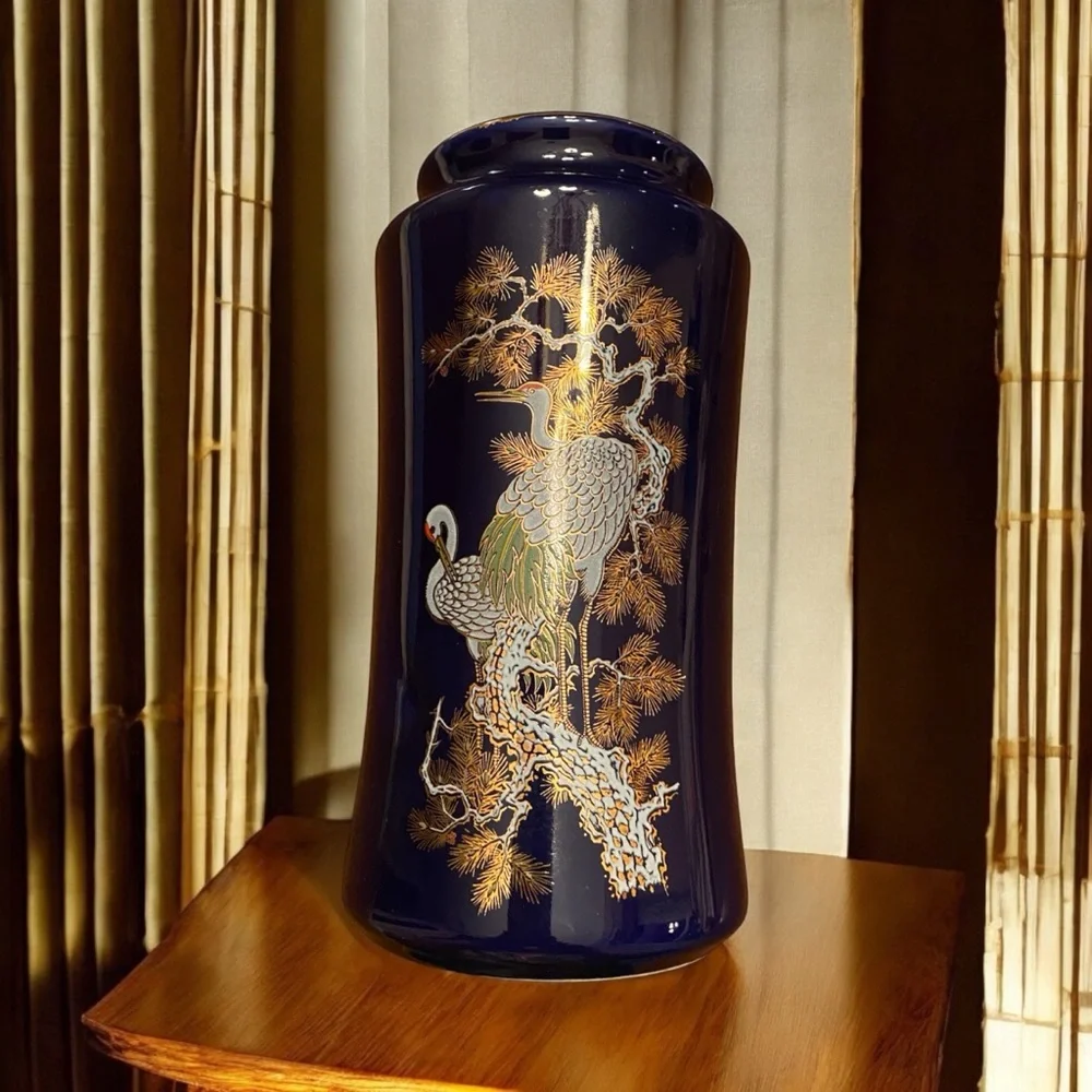Vintage Japanese Cobalt Blue Porcelain Vase Crane & Pine Tree 6”